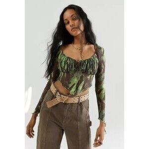 Urban Outfitters Clara Long Sleeve Babydoll top in Green Multi Womens Medium